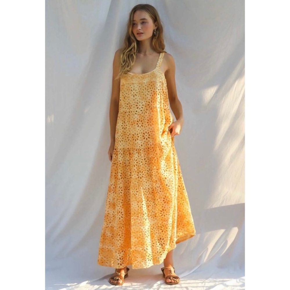 Jen's Pirate Booty Flower Power Cotton Eyelet Lace Maxi Dress Golden Yellow XS